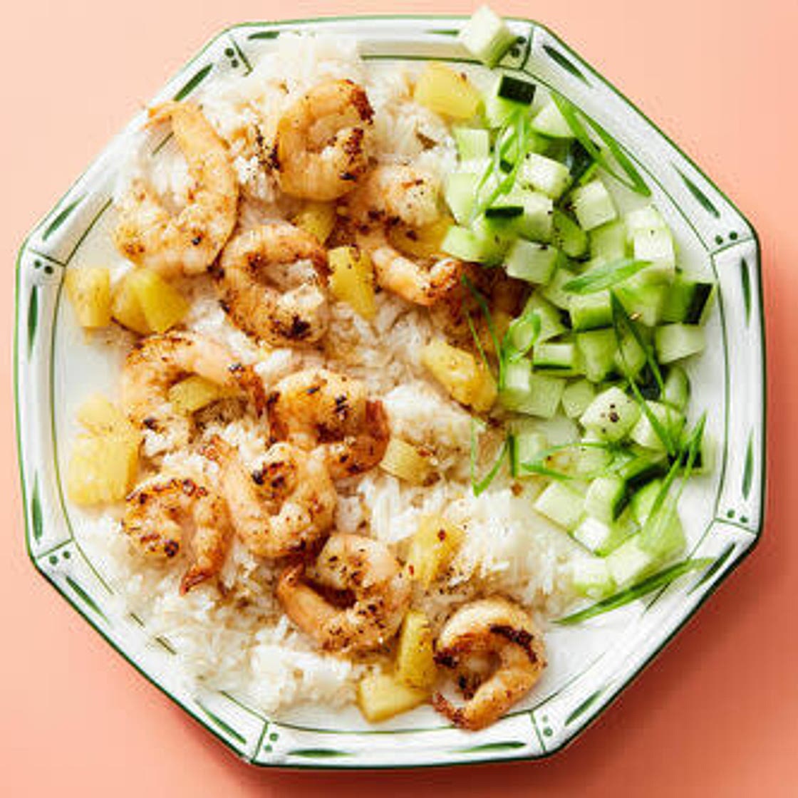 Jerk Shrimp with Coconut rice and Cucumber Relish