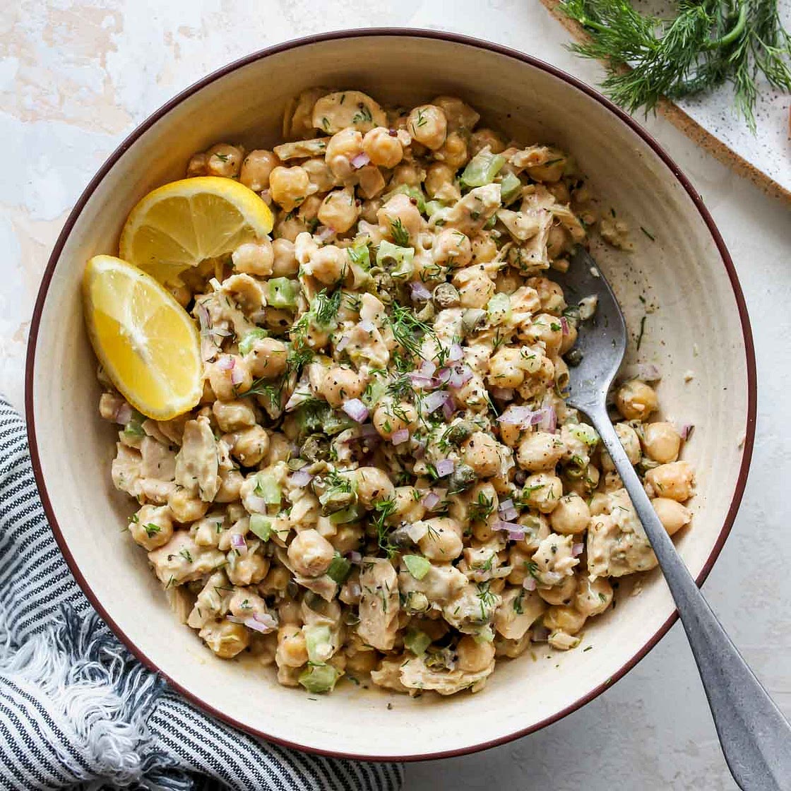 Chickpea Tu-No Salad with Cherry Tomato, Cucumber & Yam Chowder