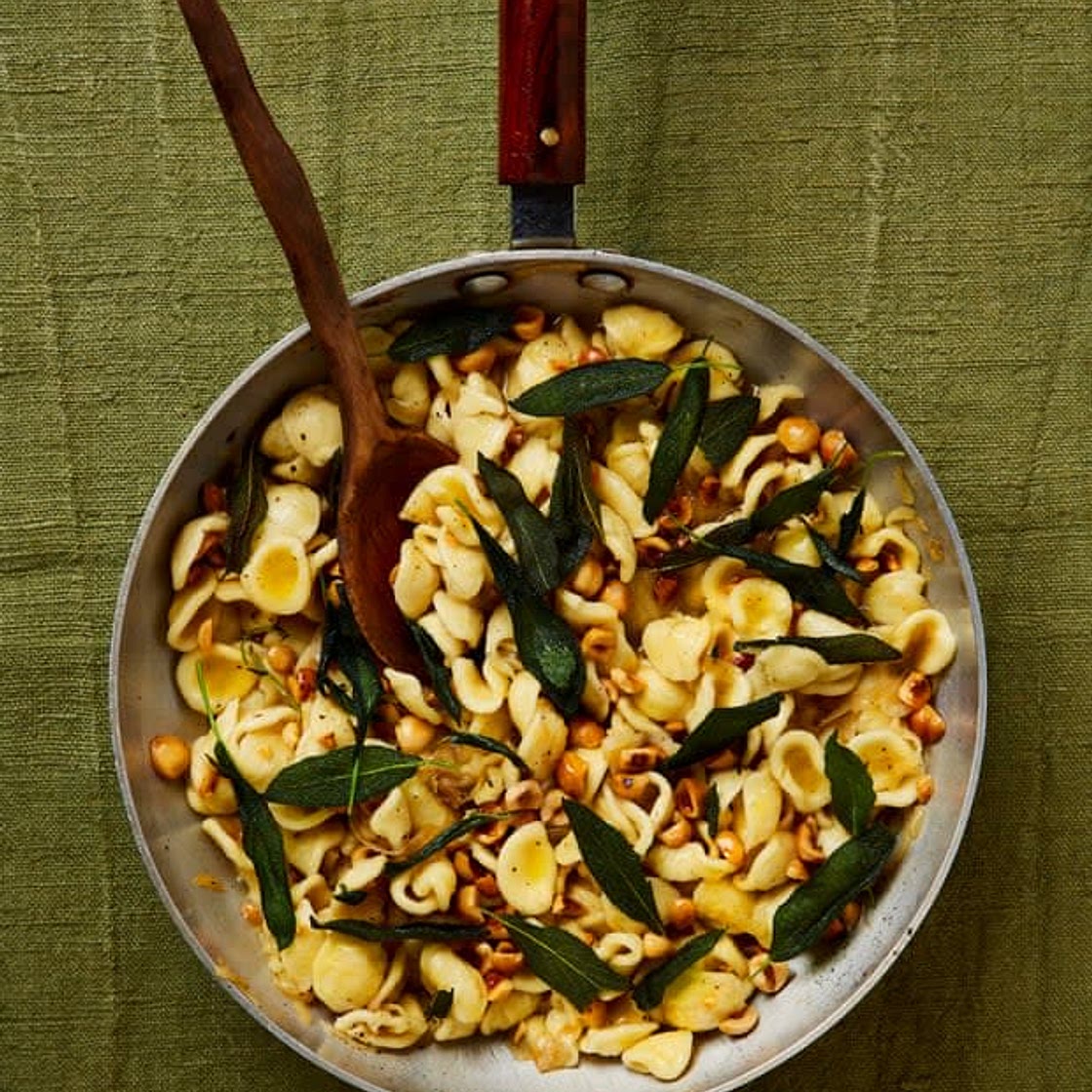 Caramelised onion orecchiette with hazelnuts and sage