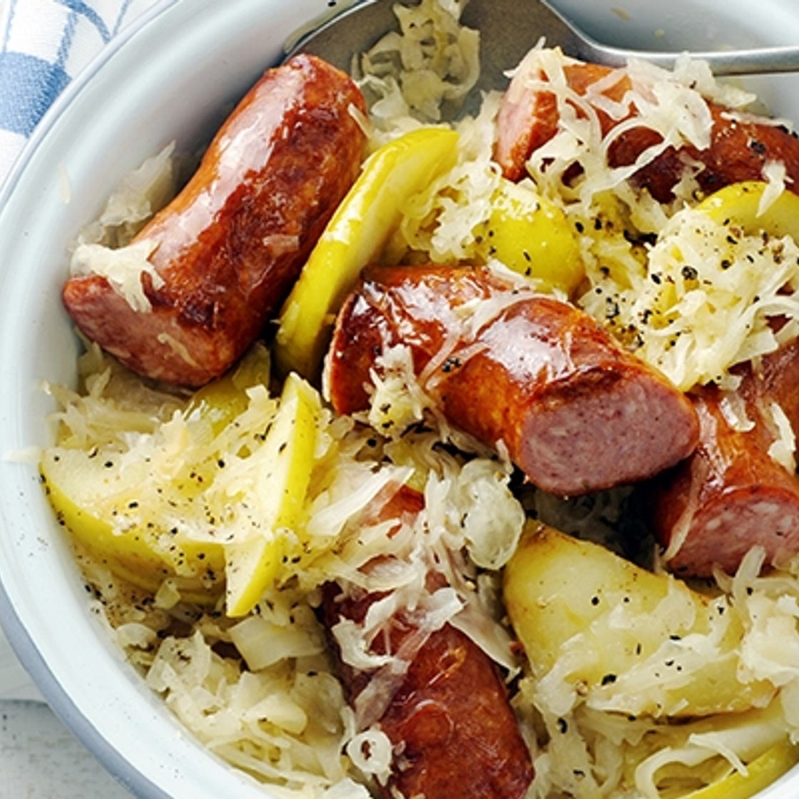 Kielbasa with Roasted Apple, Kraut, and Mustard Glaze