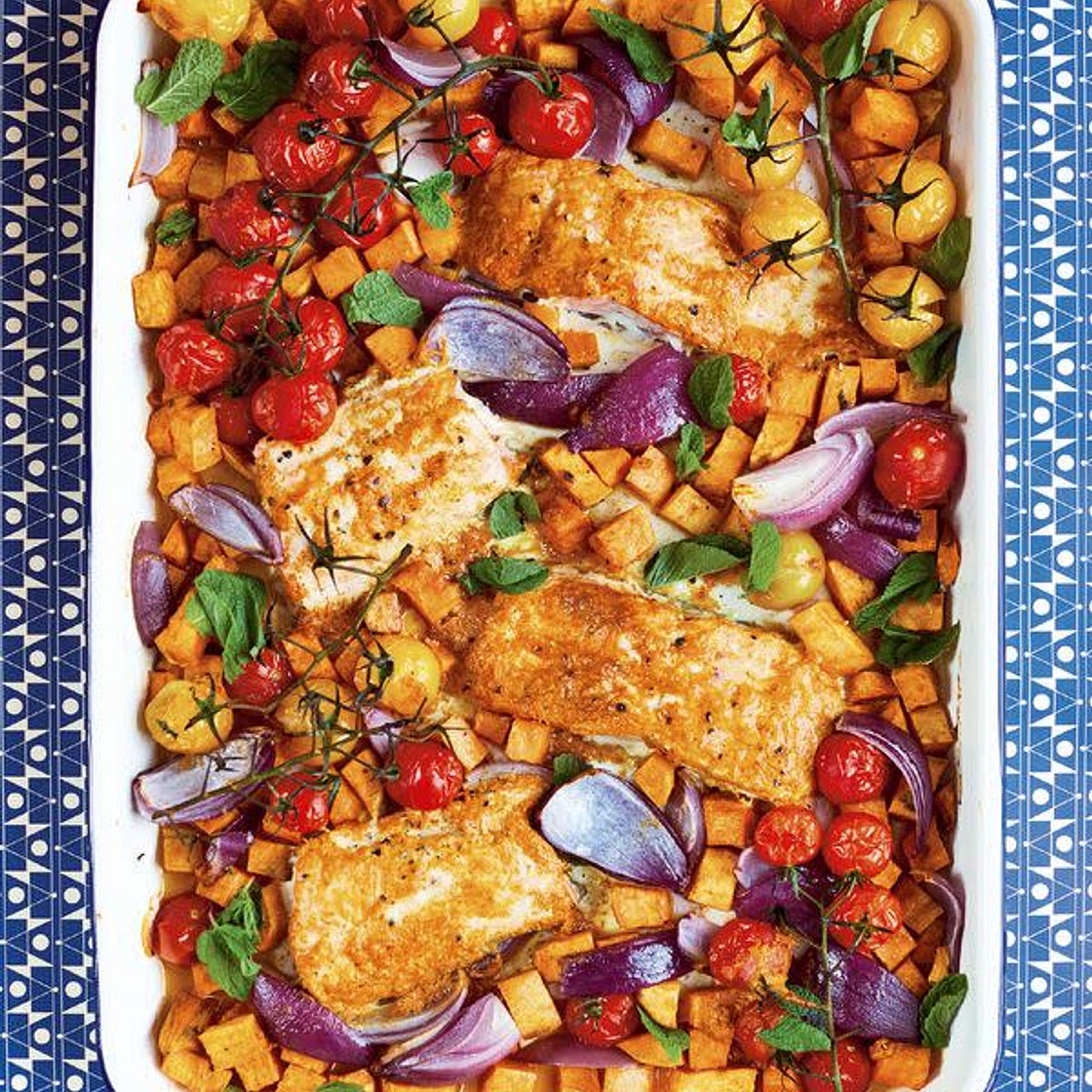 Tandoori-style Salmon with Spiced, Roasted Sweet Potatoes, Tomatoes and Red Onion