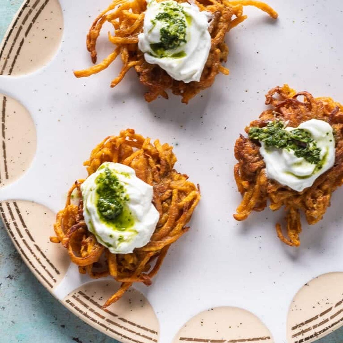 Curried Sweet Potato Latkes with Cilantro Mint Chutney
