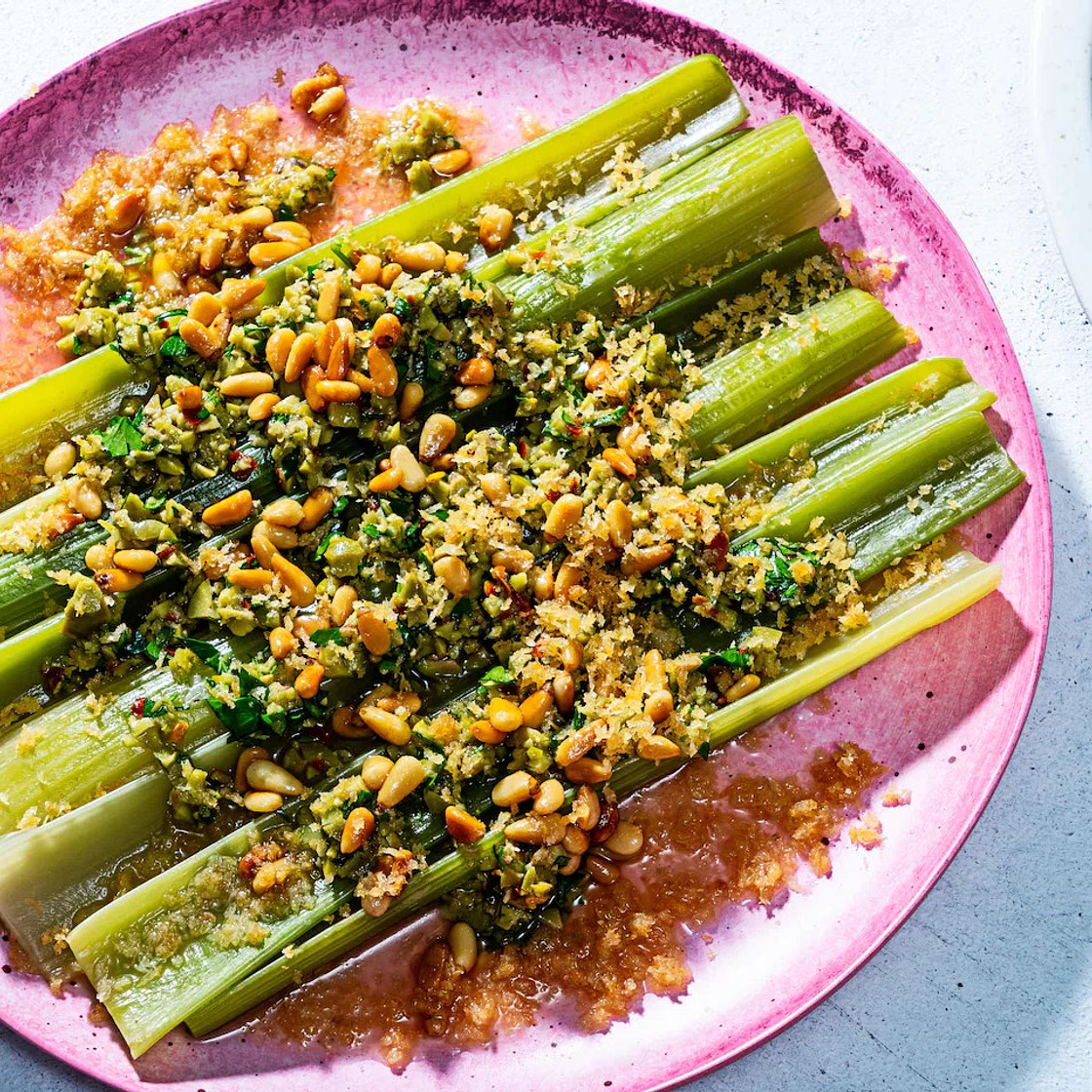 Braised Celery With Olives, Pine Nuts and Breadcrumbs
