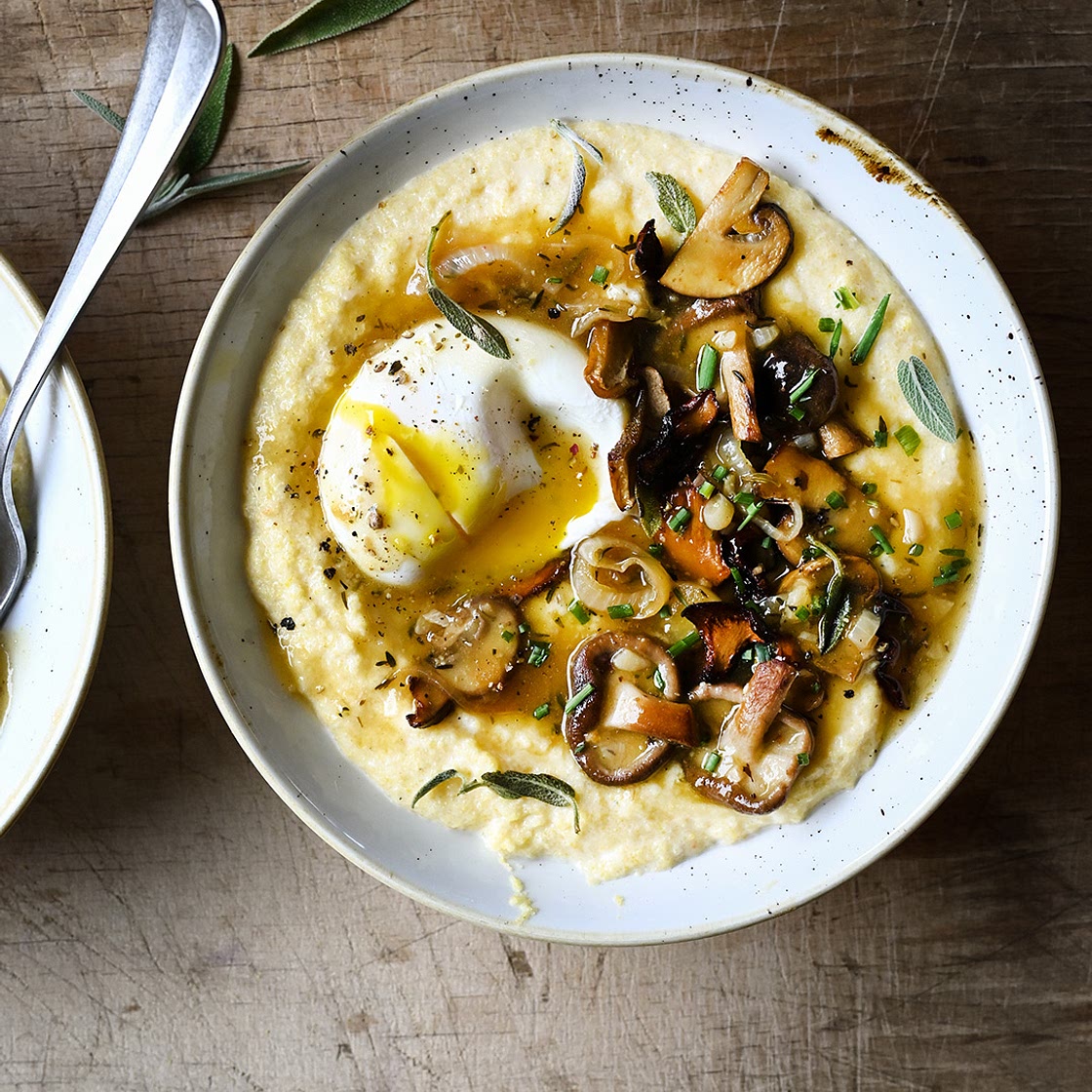 Creamy Parmesan polenta with beer sautéed mushrooms