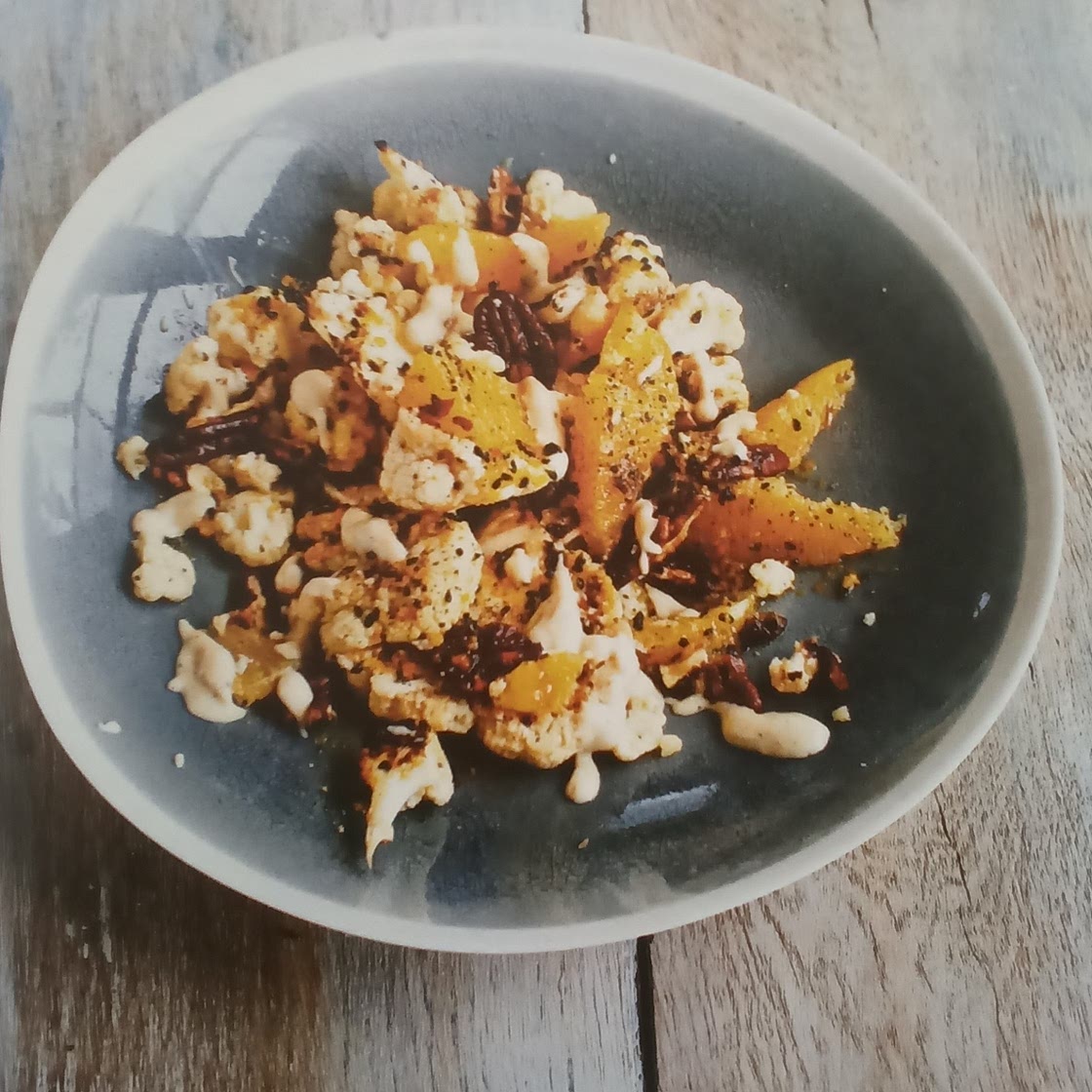 Griddled Cauliflower with orange, pecans and tahini