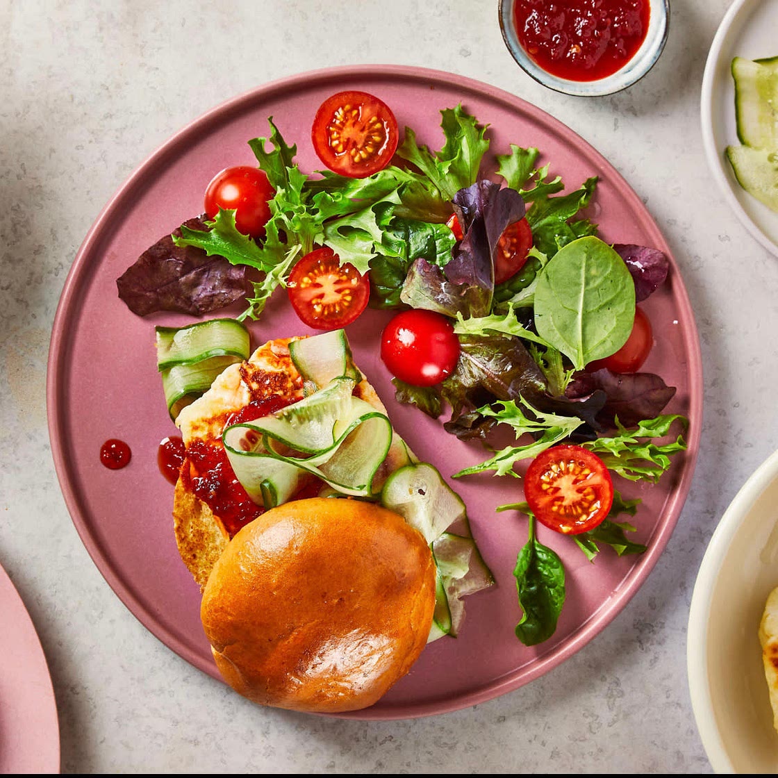 Sweet Chilli Halloumi Burger With Pickled Cucumber