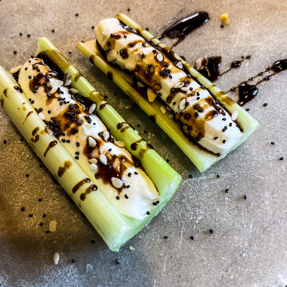 Balsamic Glazed Cream Cheese Celery with Everything Bagel Seasoning
