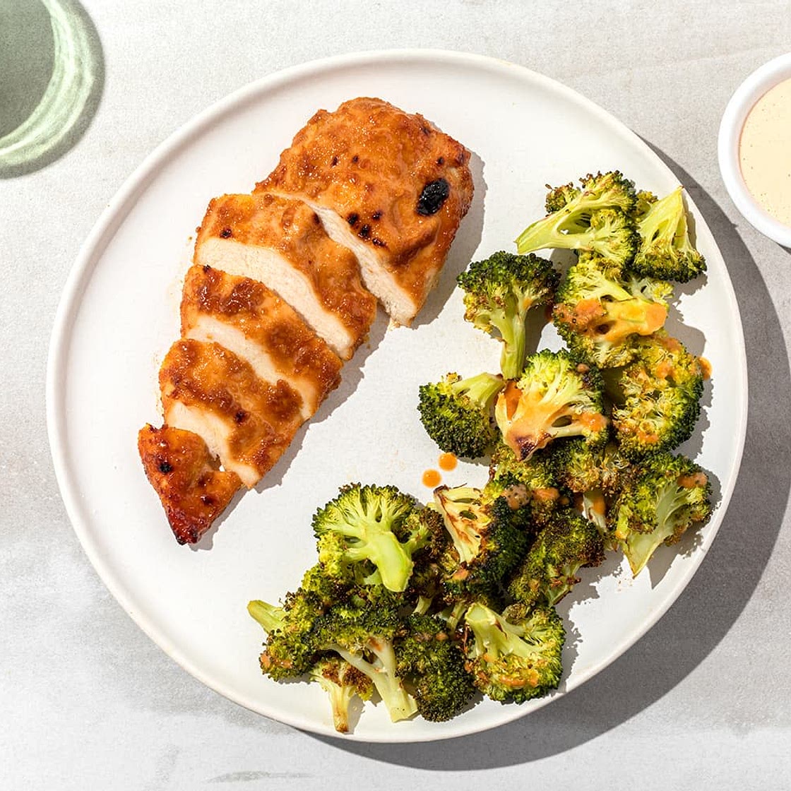 Teriyaki-Glazed Chicken with Roasted Broccoli in Peanut Sauce