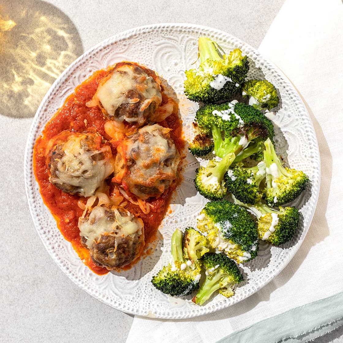 Sausage Pizza Meatballs with Roasted Broccoli & Buttermilk Ranch