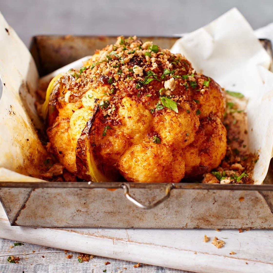 Baked Cauliflower with Mango Chutney, Charred Tomatoes and Rice