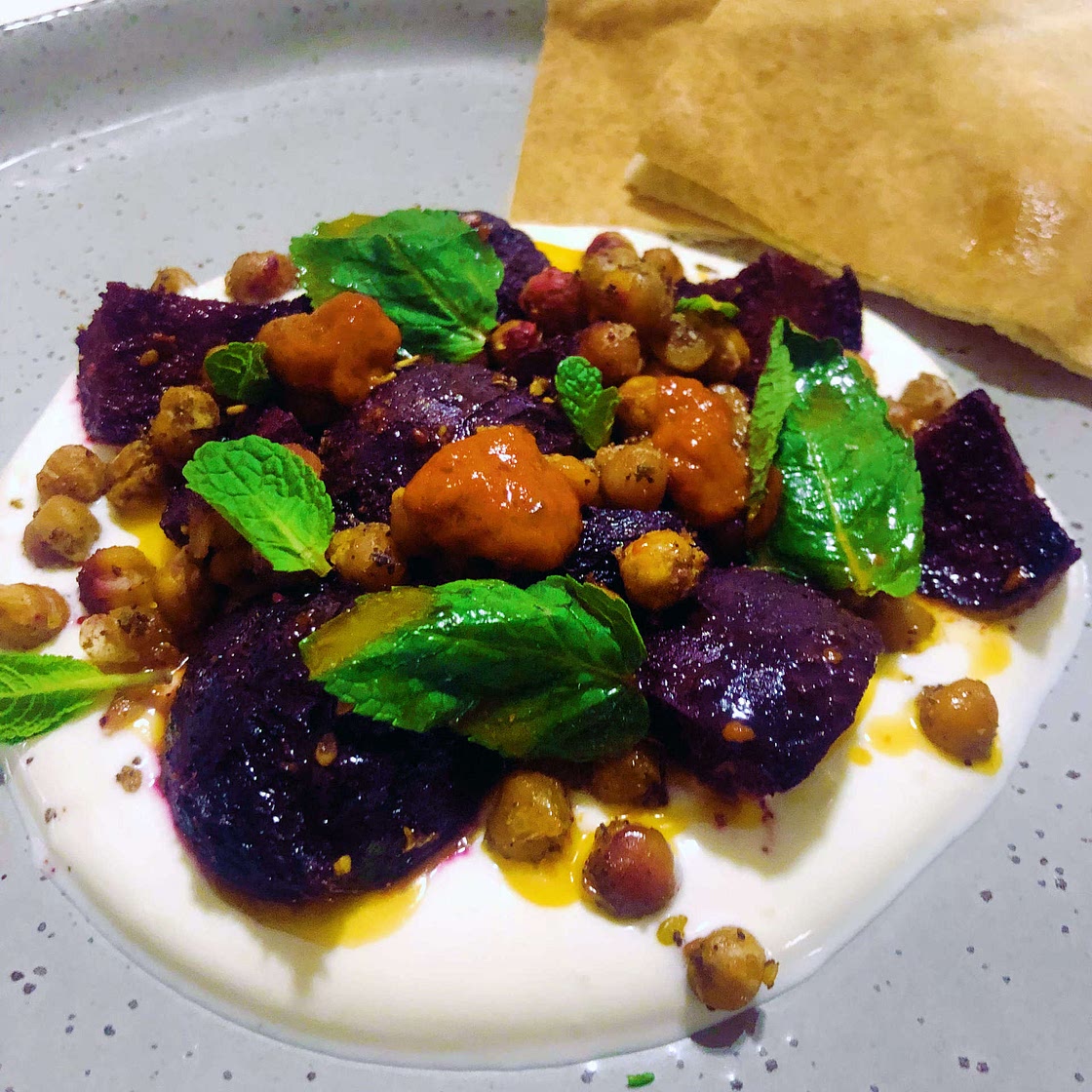 Roasted beetroot with za’atar, chickpeas & harissa yogurt