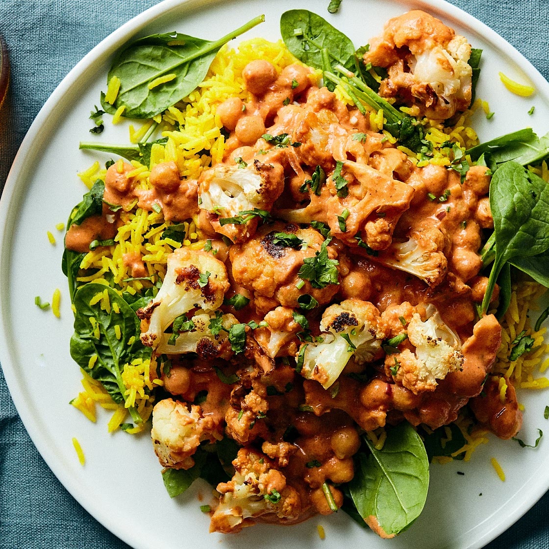 Cauliflower and Chickpea Tikka Masala over Spinach Rice