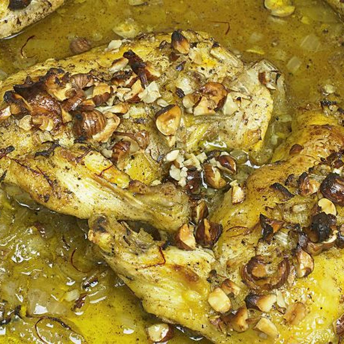 Roast Chicken With Saffron, Hazelnuts, and Honey From 'Ottolenghi'