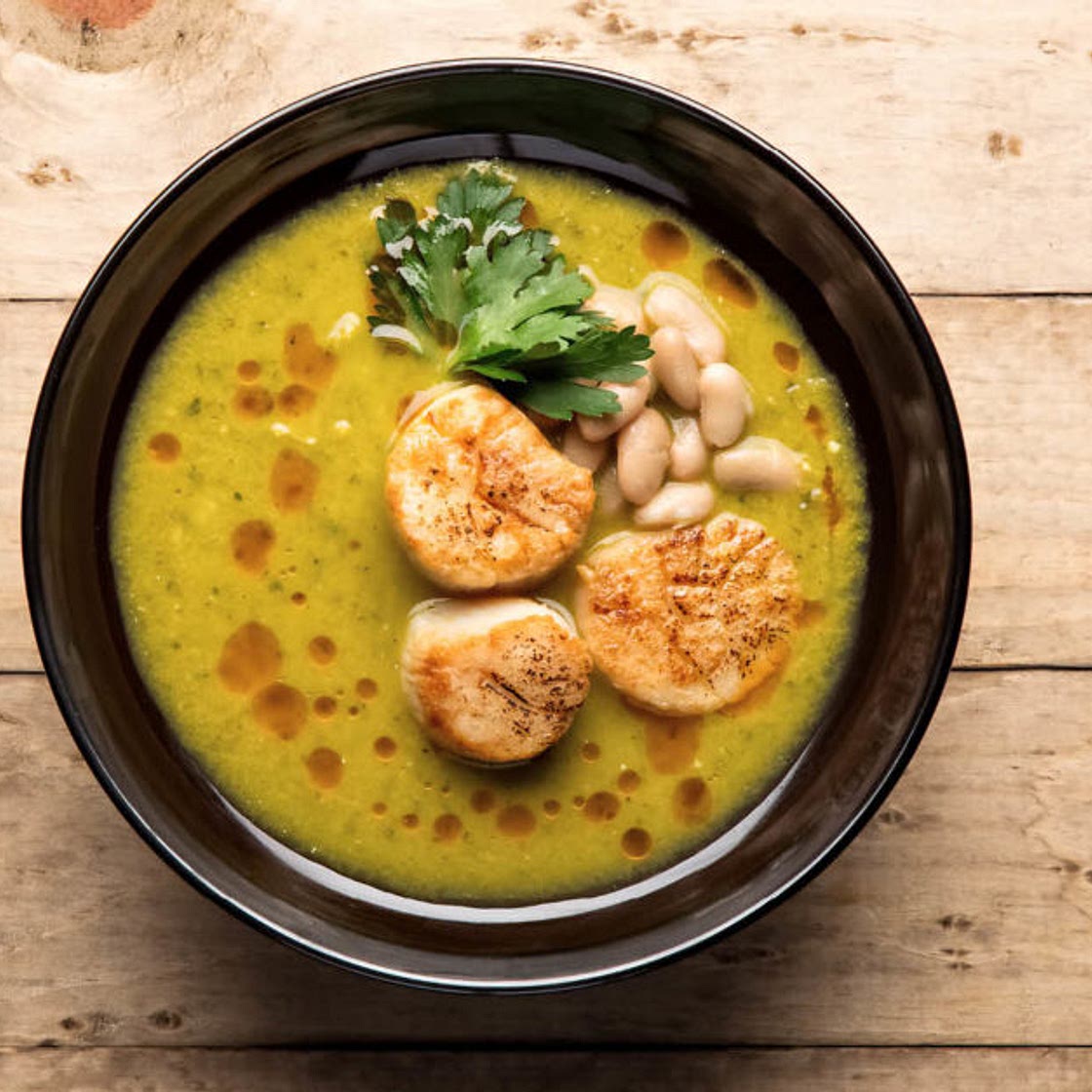 White Bean Chili Verde with Seared Scallops