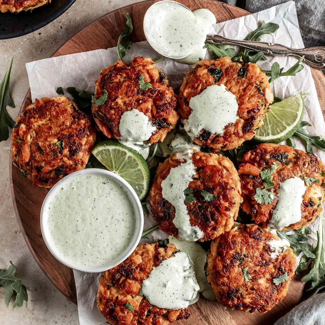spicy salmon cakes + cilantro lime aioli