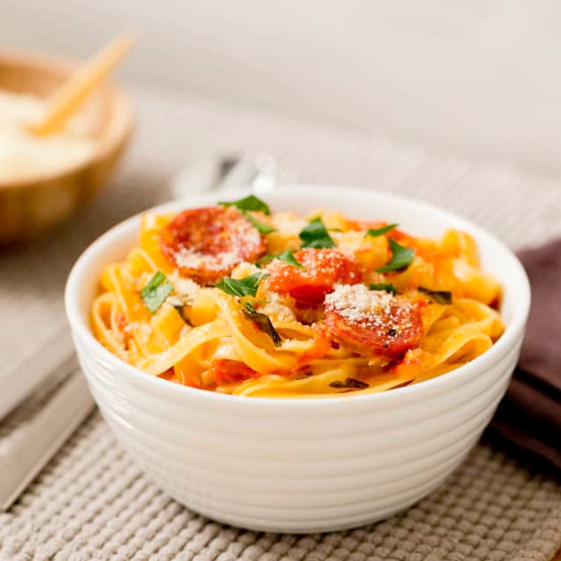 Creamy tomato and salami fettuccine