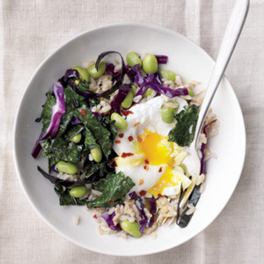 Poached Egg with Rice and Edamame