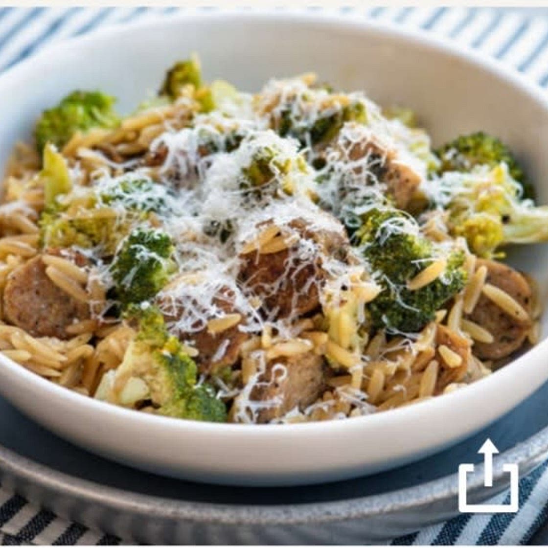One-pan sausage, broccoli & orzo skillet