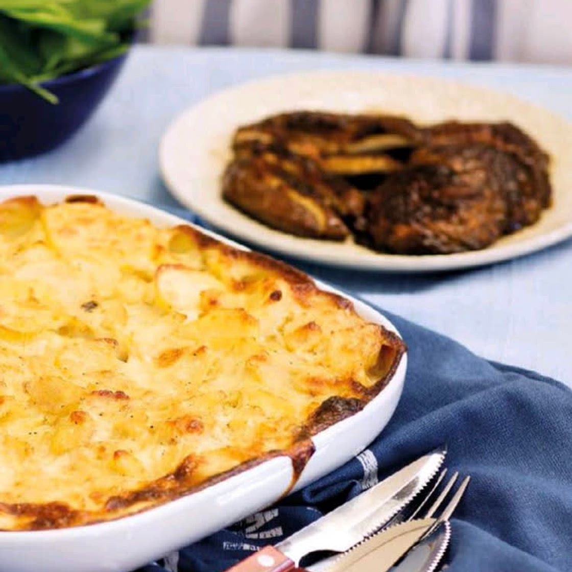 Potato and Jerusalem artichoke gratin with portobello steaks