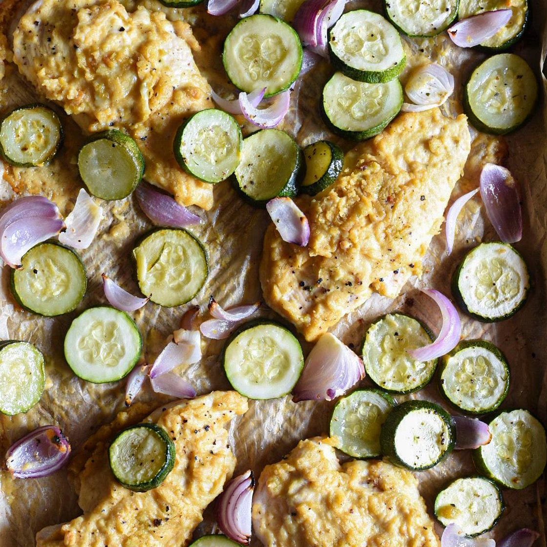 Sheet Pan Hummus Chicken and Veggies