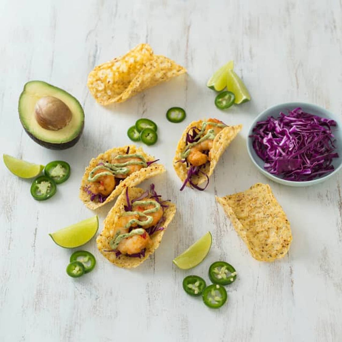 Prawn tacos with avocado lime sauce