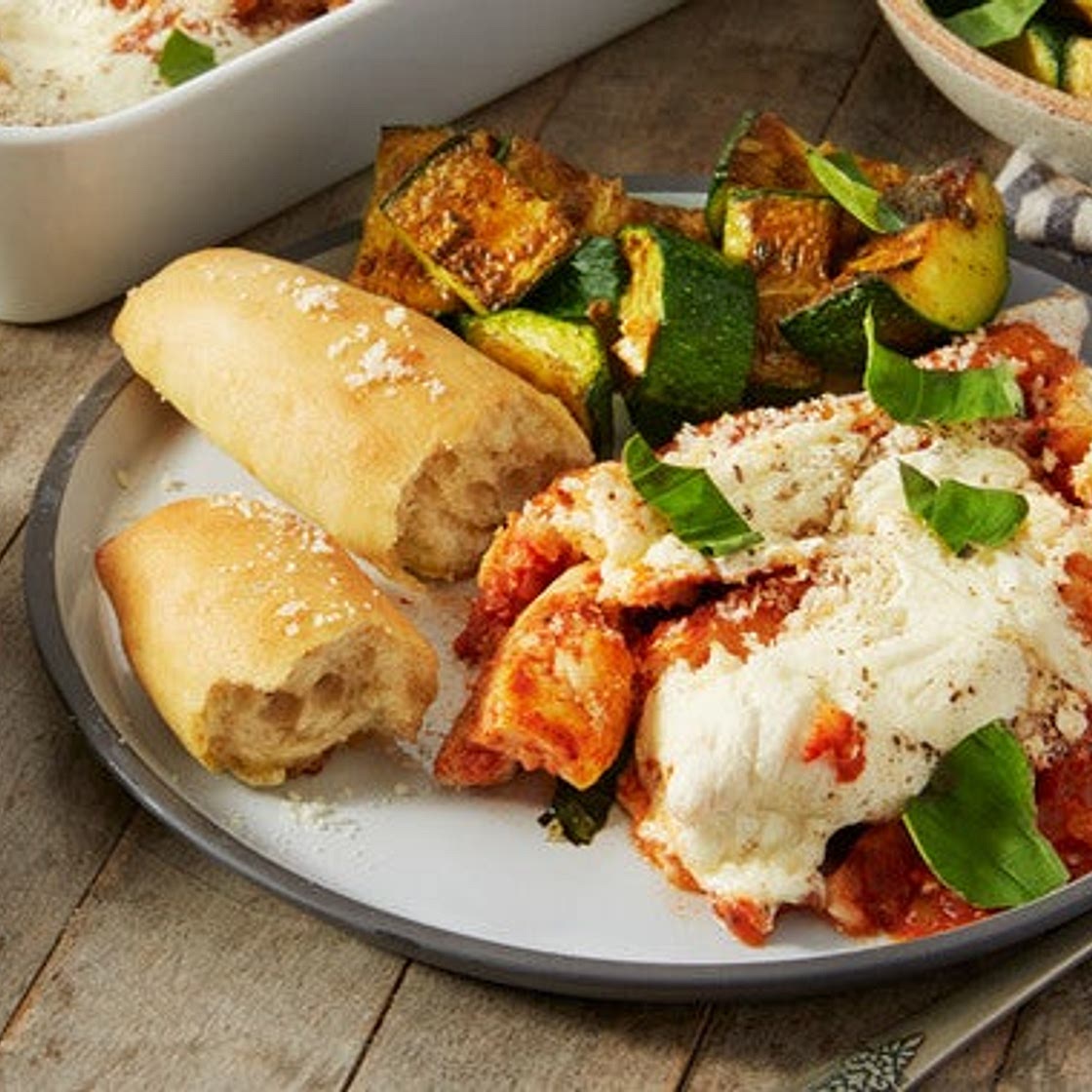 Chicken Parmesan with Summer Squash & Cheesy Garlic Breadsticks