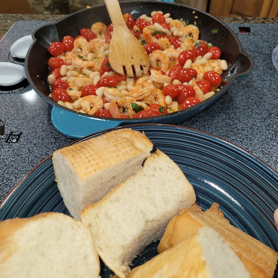 Garlicky Sautéed Shrimp with Creamy White Beans and Blistered Tomatoes