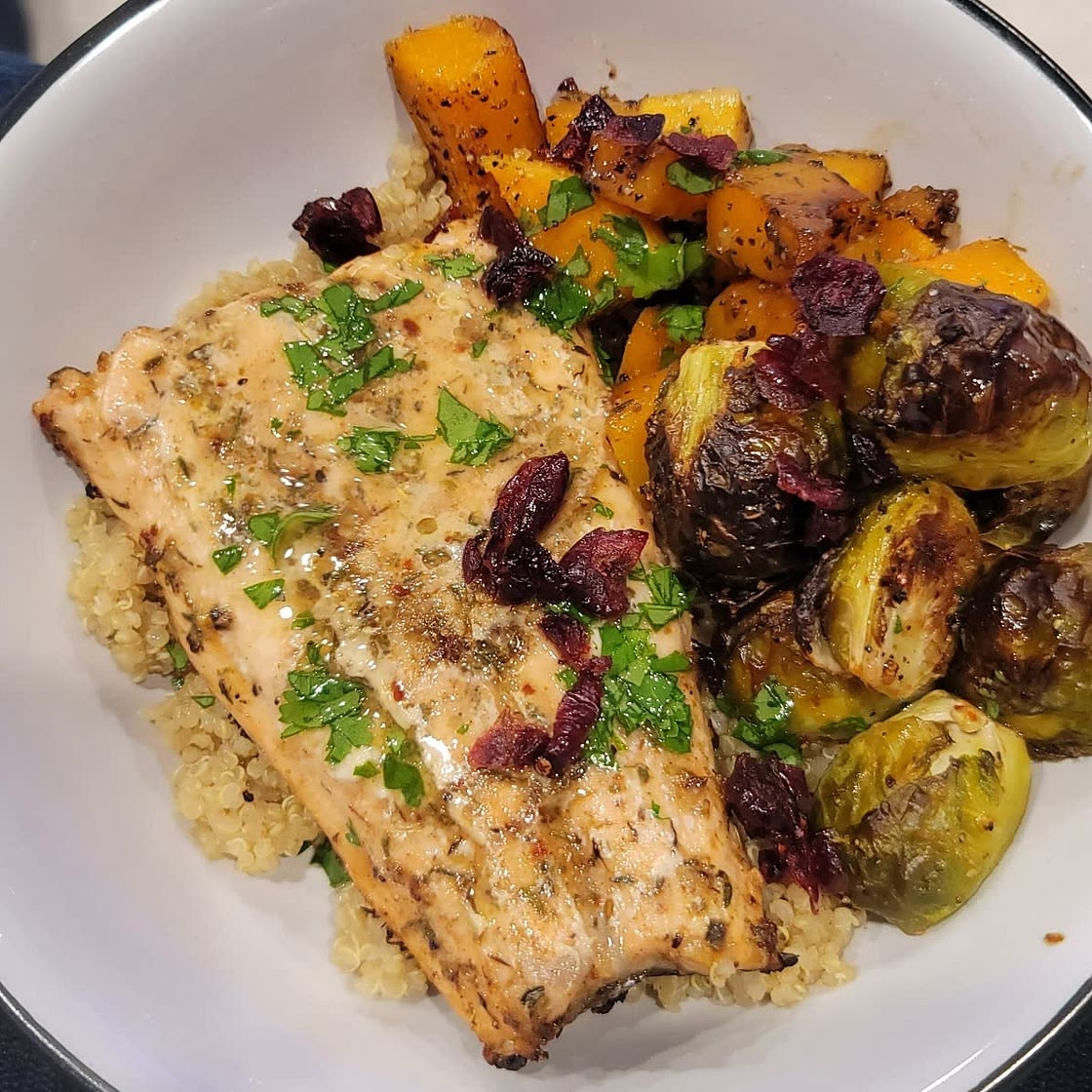 Jerk-Spiced Salmon & Quinoa Bowl with Mango Vinaigrette