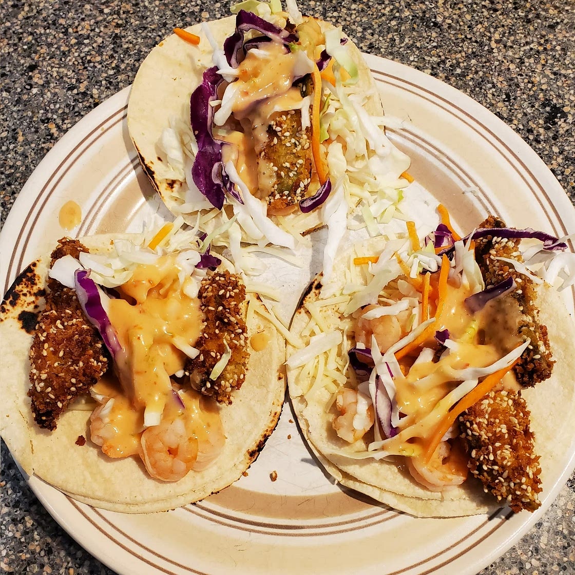 Bang Bang Shrimp and Fried Avocado Tacos