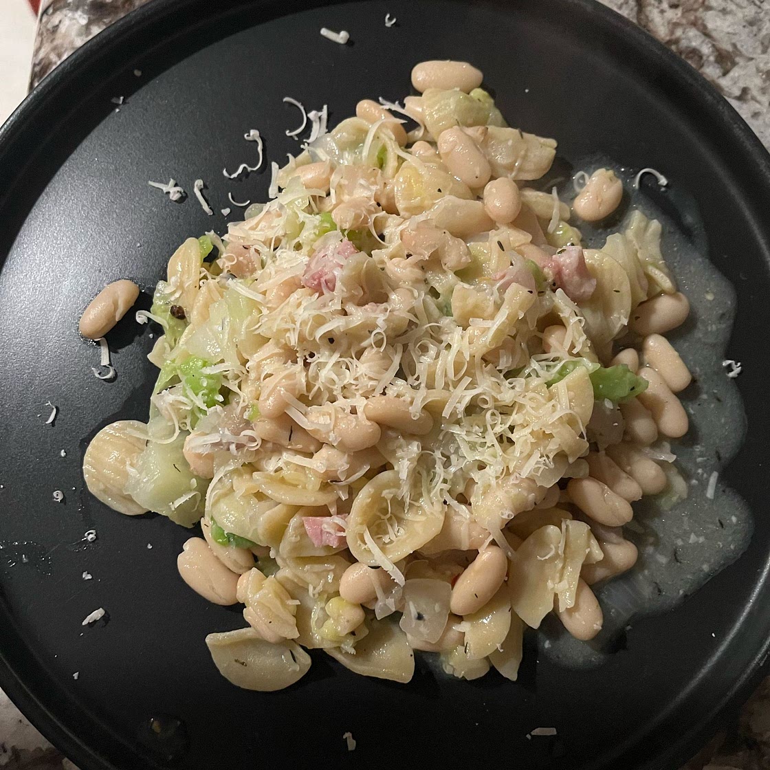 White Beans with Cabbage, Pasta, and Prosciutto