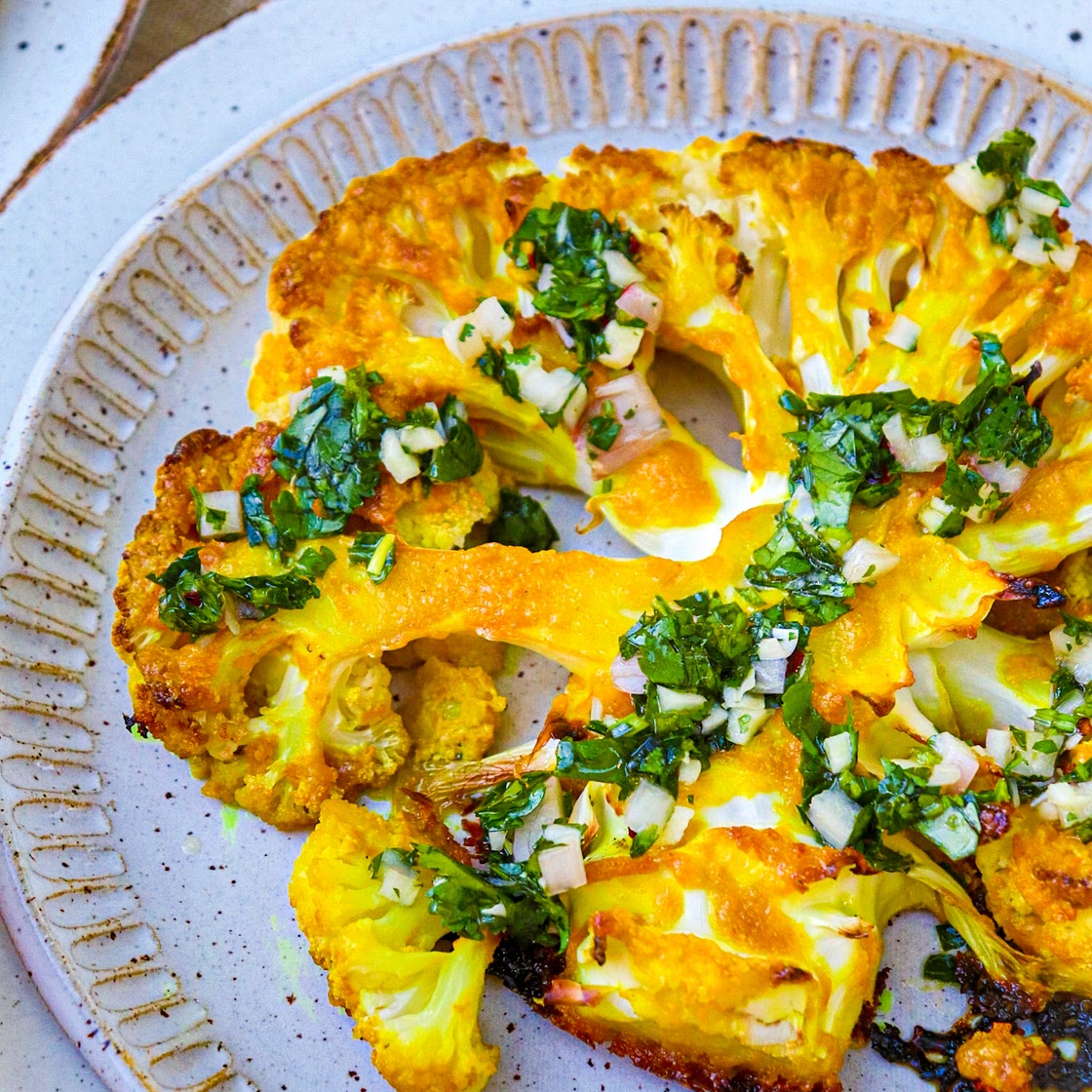 Turmeric Tahini Cauliflower Steaks with Cilantro Chimichurri