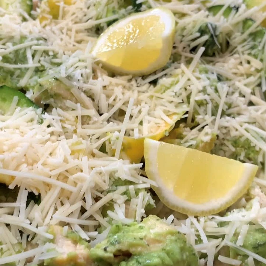 Chicken zucchini pasta with avocado pesto