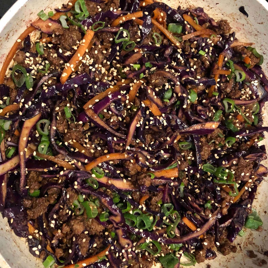 Moo Shu Pork Bowls with Cabbage, Scallions & Buttery Rice