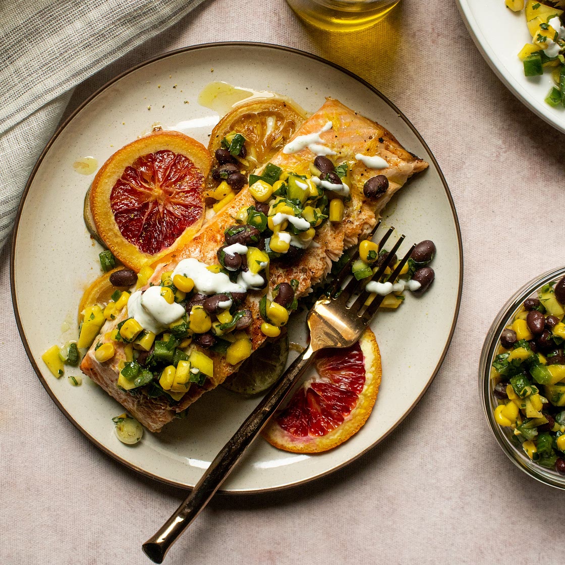 Citrus Roasted Salmon with Mango Bean Salsa & Lime Crema