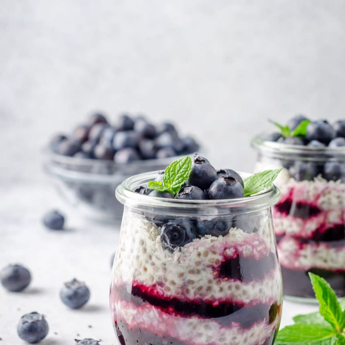 Blueberry Chia Seed Pudding  with White Sesame Milk, Mango & Almonds