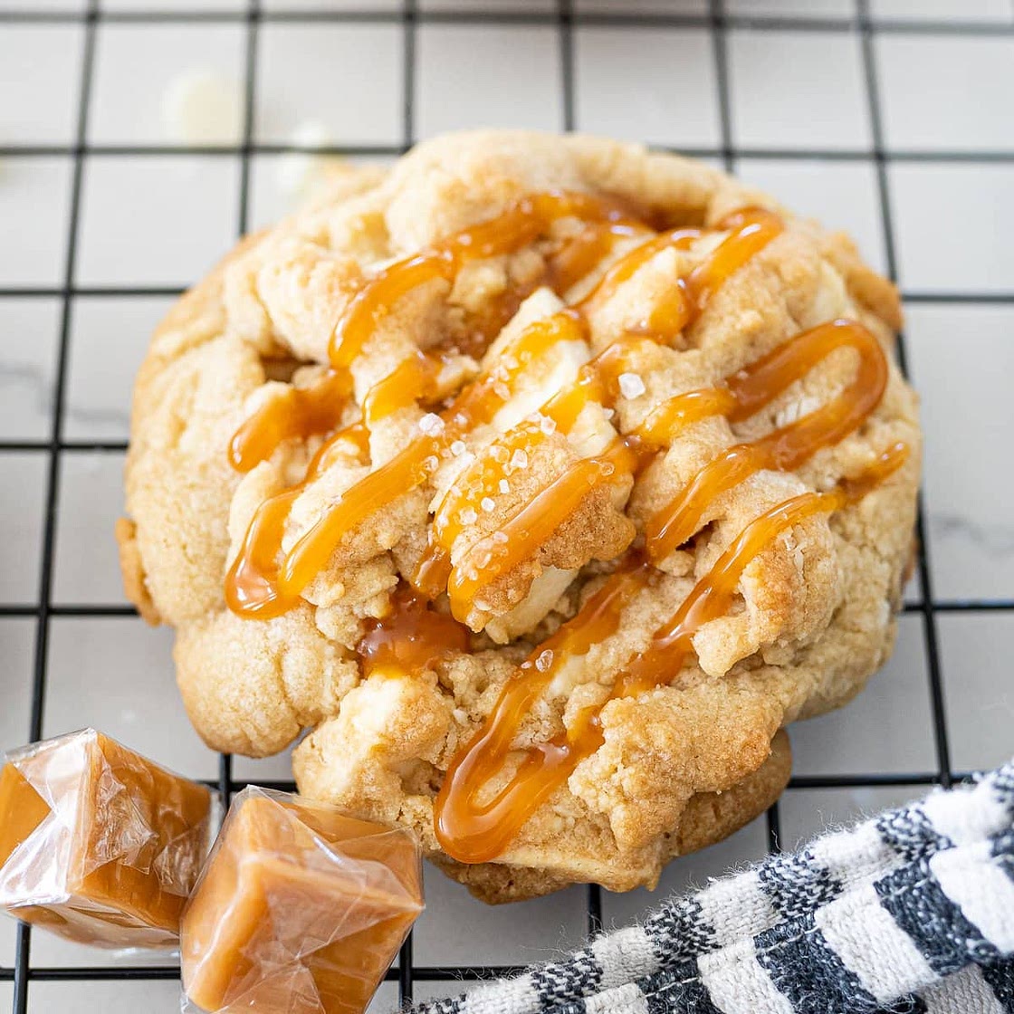 White Chocolate Macadamia Nut Cookies with Salted Caramel