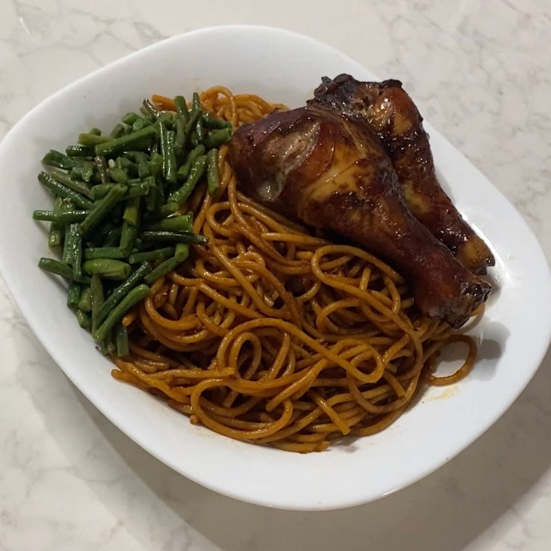 Bami with grilled chicken and long beans