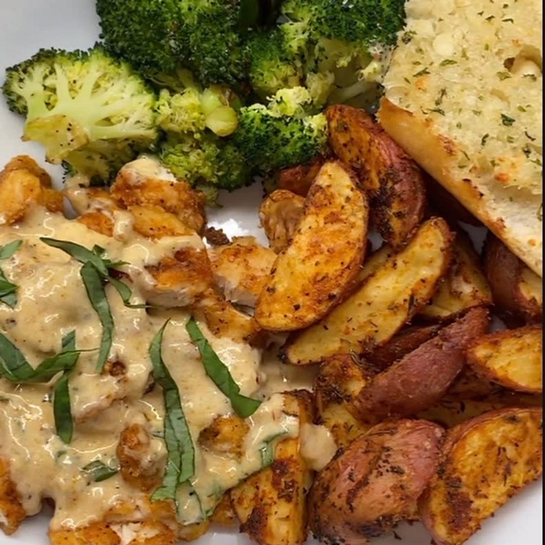 Creamy Chicken Basil w/ Roasted Potatoes and Broccoli