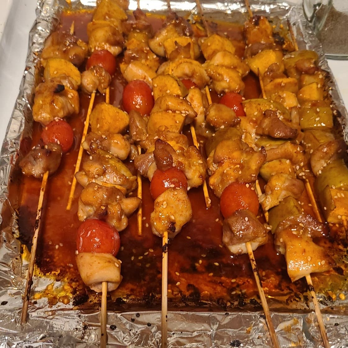 Korean chilli, sesame, and honey chicken kebabs