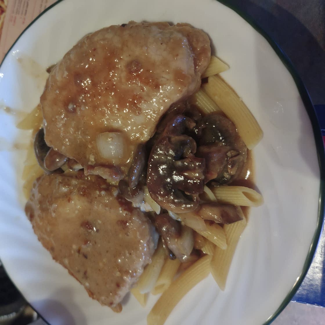 Pork Tenderloin in Creamy Mushroom Sauce and Pasta dinner