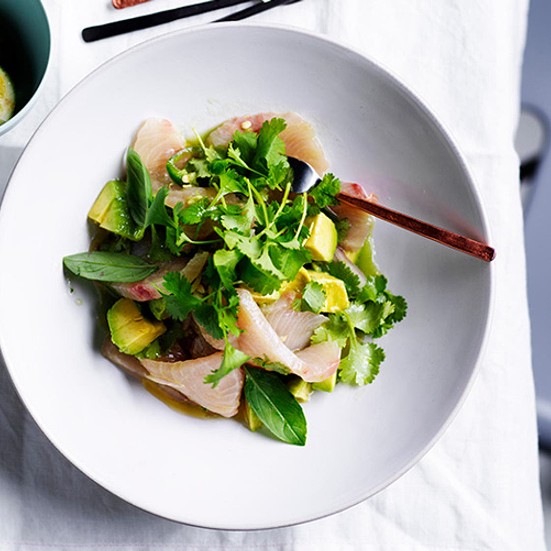 White fish crudo with avocado, herbs and cucumber-lime dressing
