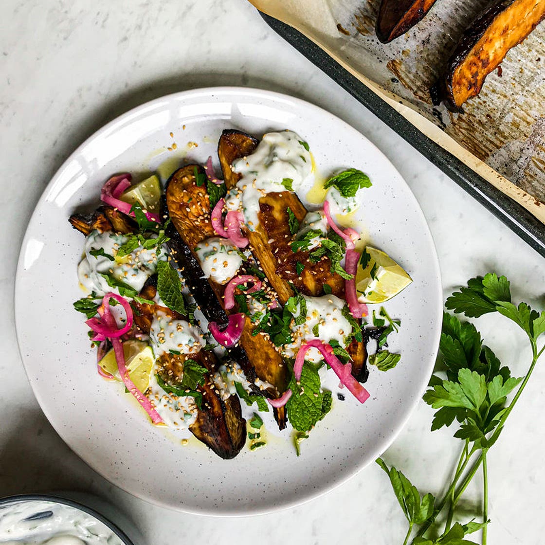 Miso Roasted Aubergine with Herby Yogurt, Ginger Pickled Red Onion & Sesame