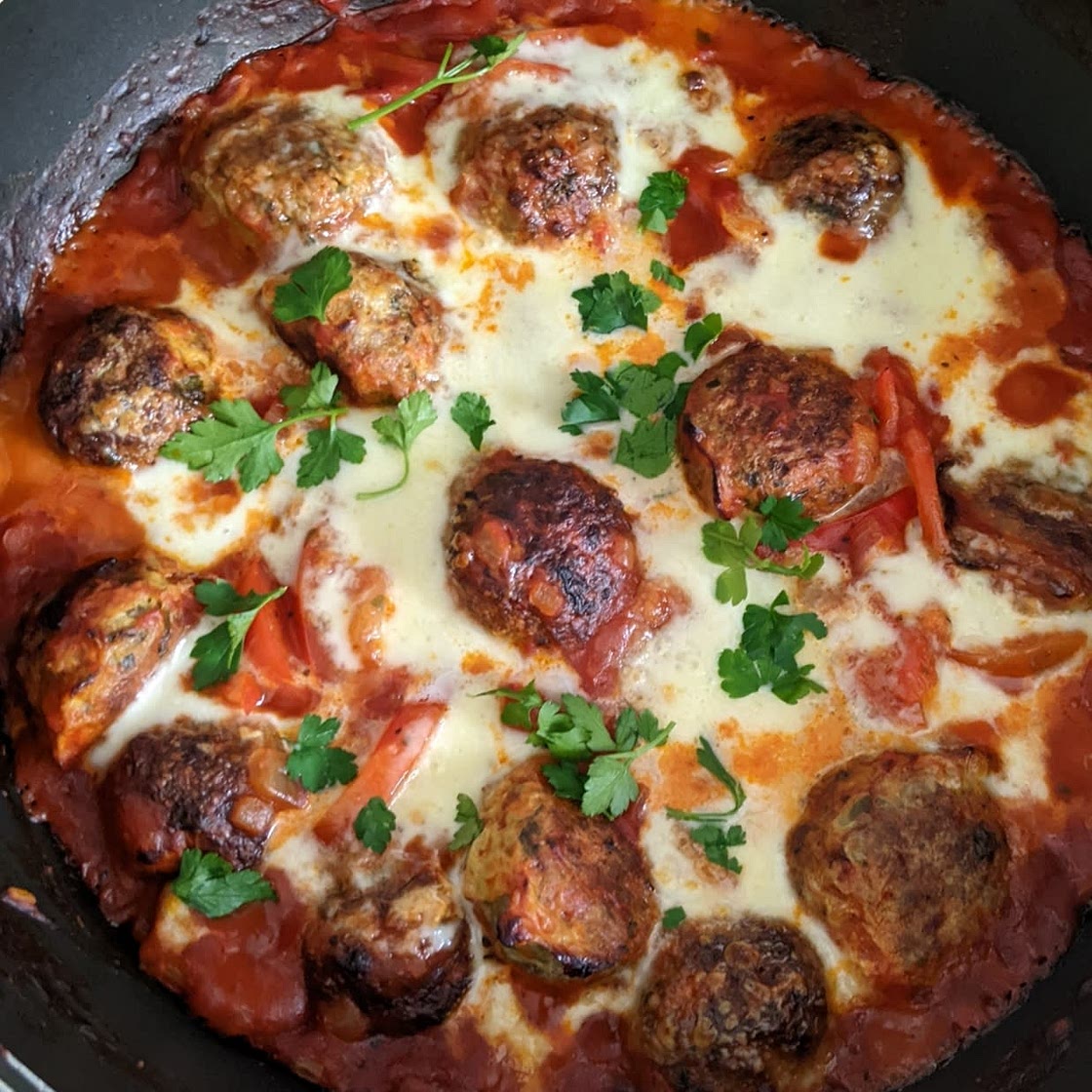 Cheesy Turkey Meatballs with Peppers and Onions