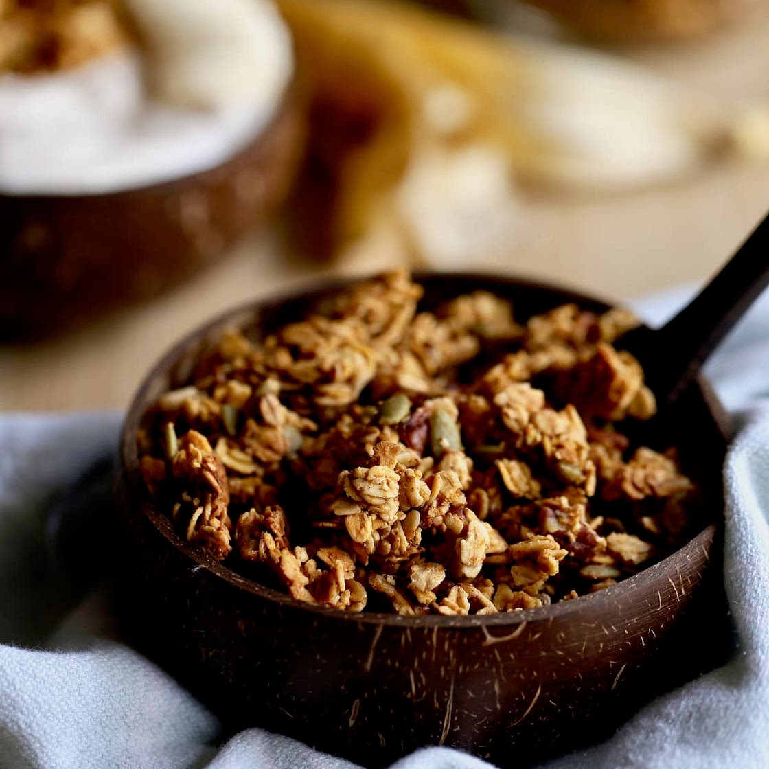 Homemade Granola Bowl with Black Sesame Milk, Tahini & Vanilla Butter