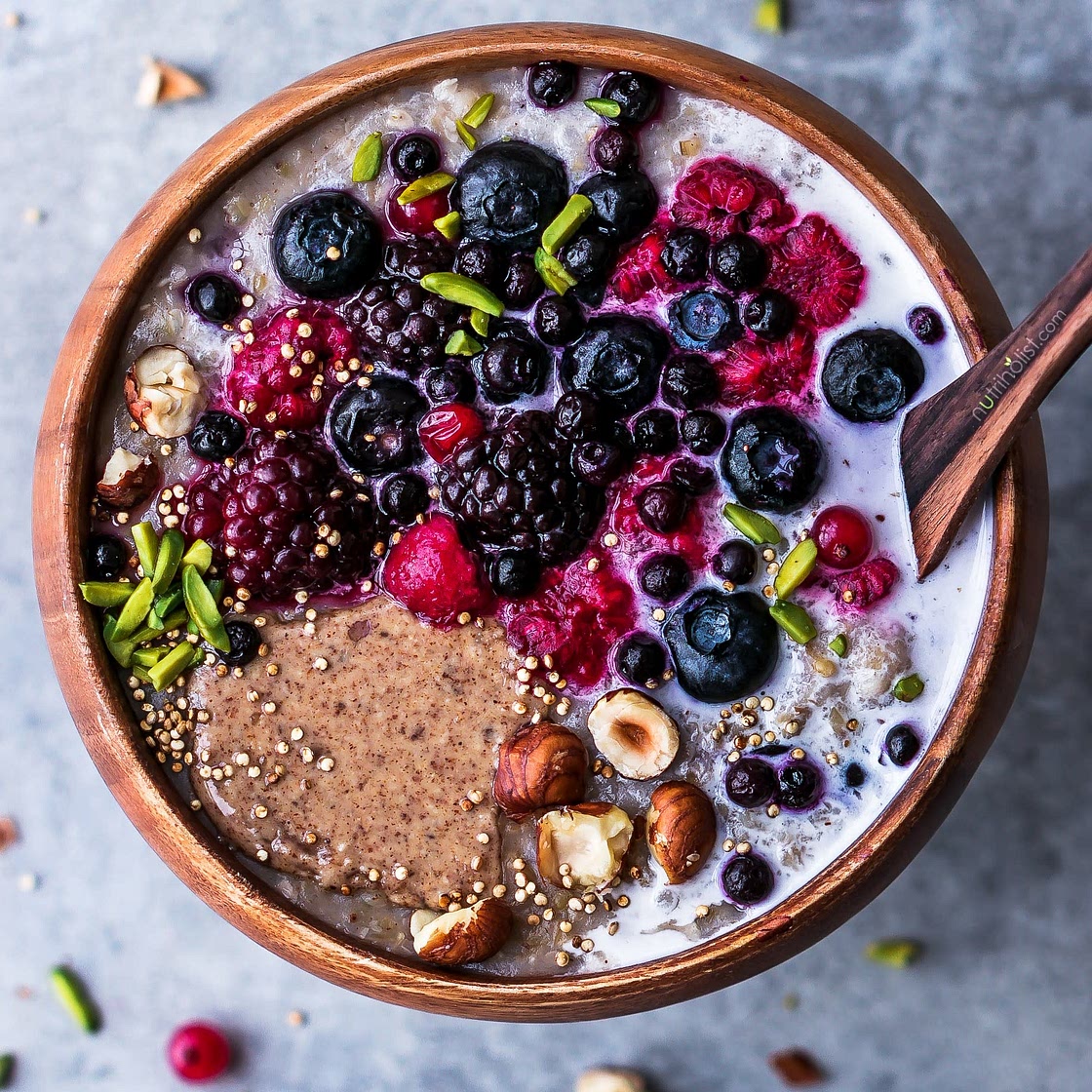 Warm Porridge Oats with White Sesame Milk, Mulberry Jam, Cashew Butter, Cinnamon & Orange