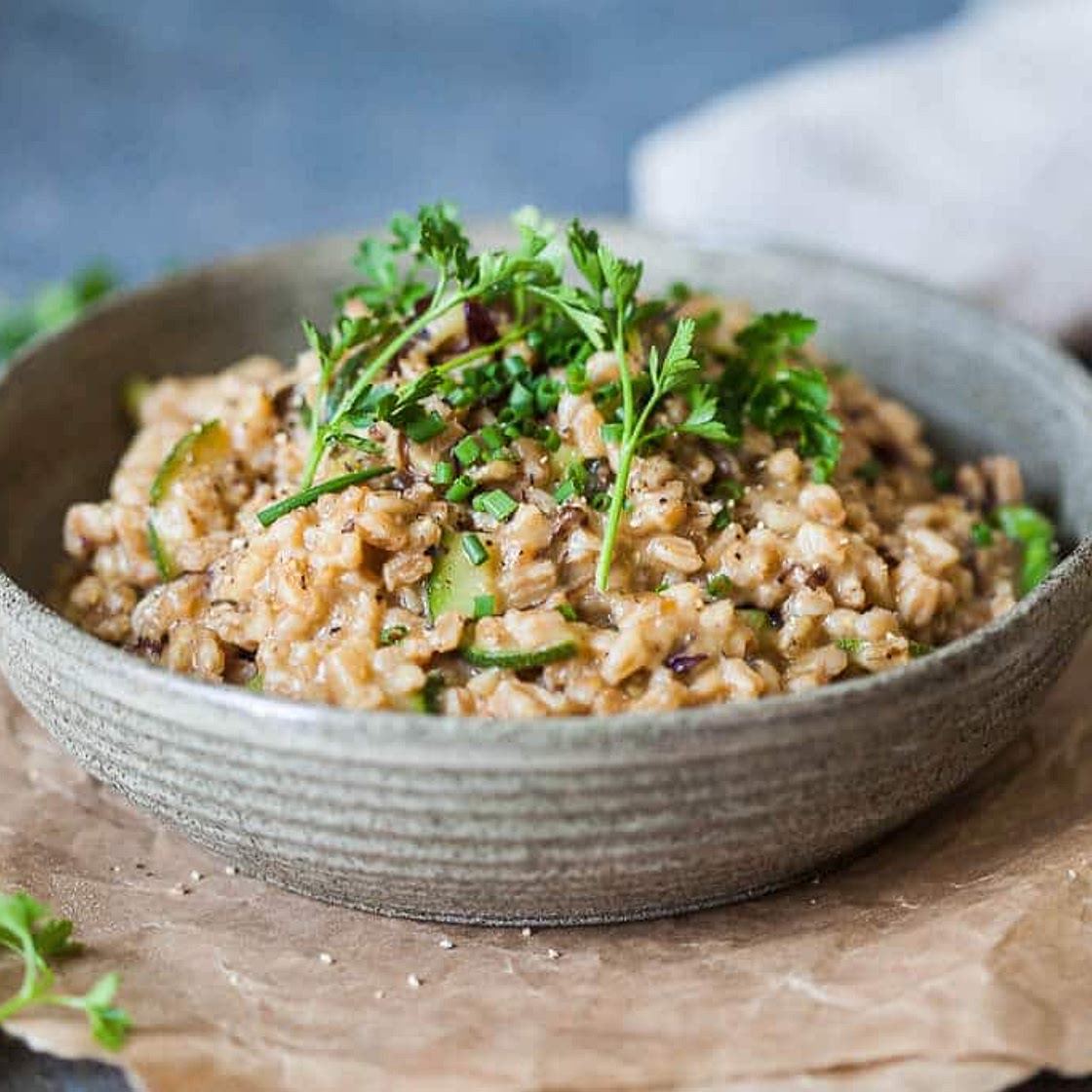 Farro Risotto with Roasted Pumpkin, Peas, Bell Pepper, Rocket & Cashew Parmesan