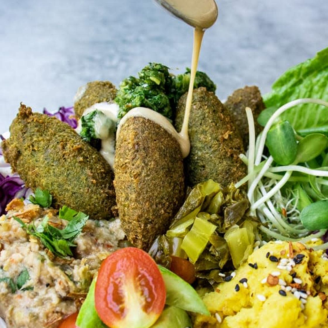 Chickpea Falafel Bowl: Baba Ganoush, Zhoug, Hummus & Buckwheat Tabbuleh