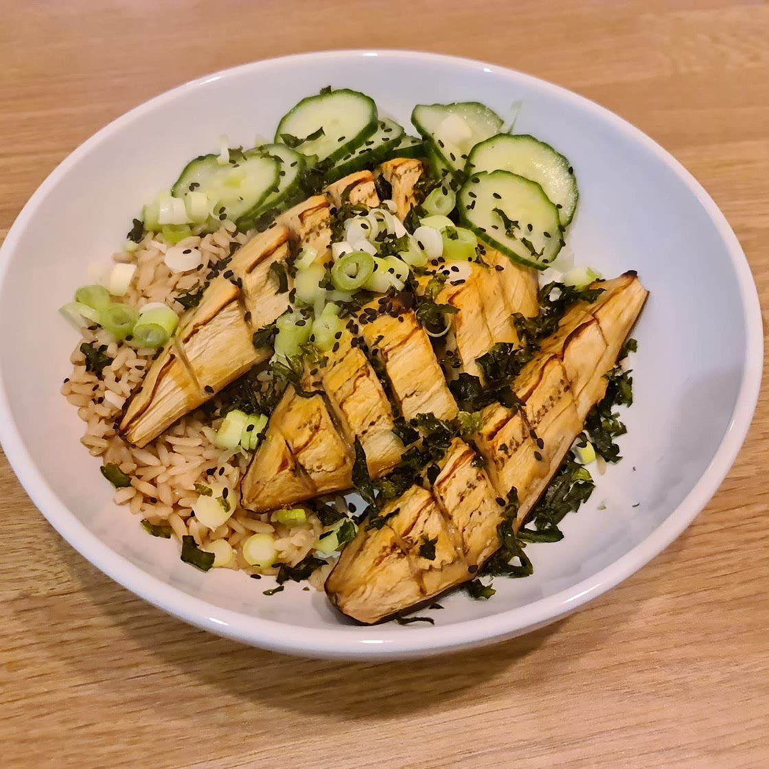 Miso-grilled aubergine & cucumber pickle rice bowl