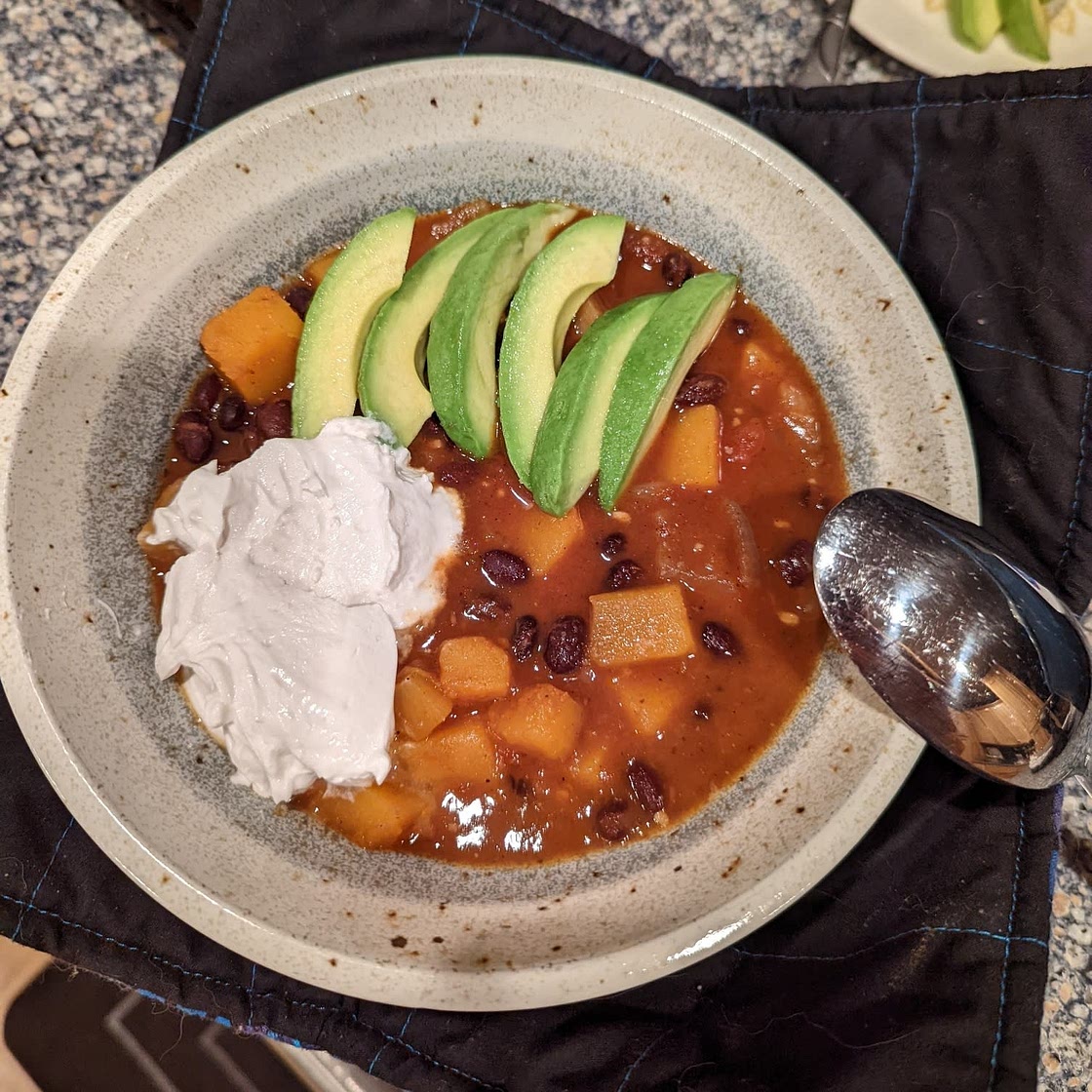 Vegetarian Butternut Squash Chipotle Chili with Avocado