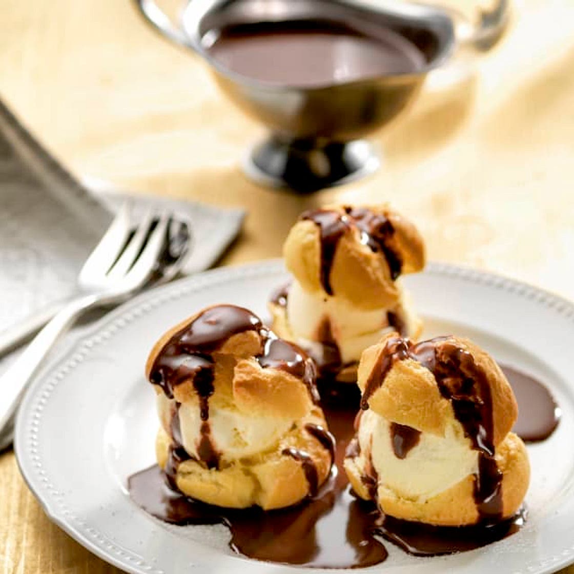 Cream Puffs (Profiteroles) with Vanilla Ice Cream and Chocolate Sauce